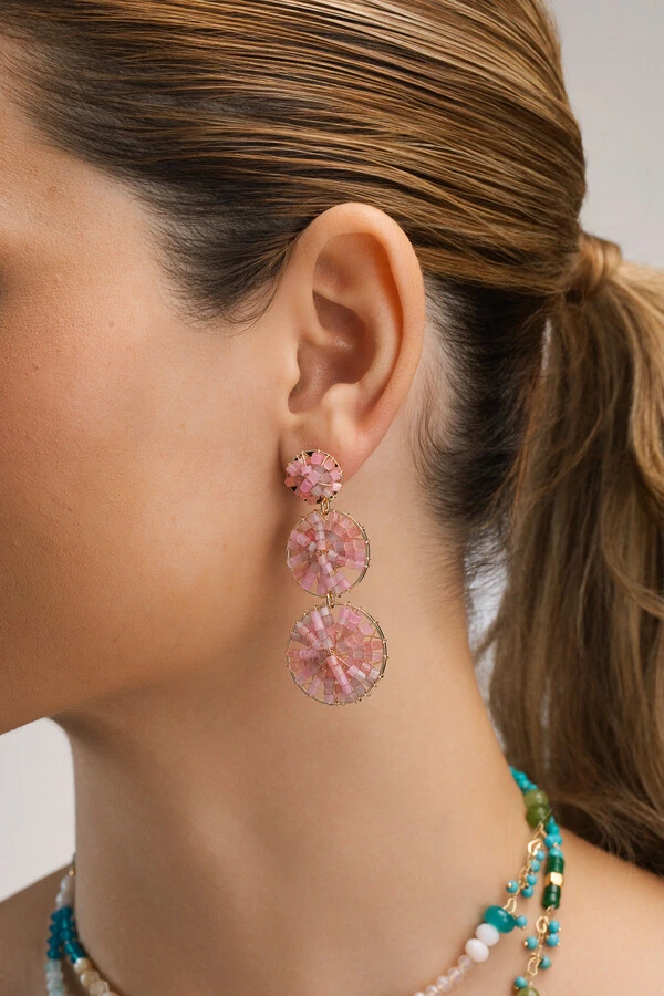 Brinco Dourado Aros Vidrilhos Rosa