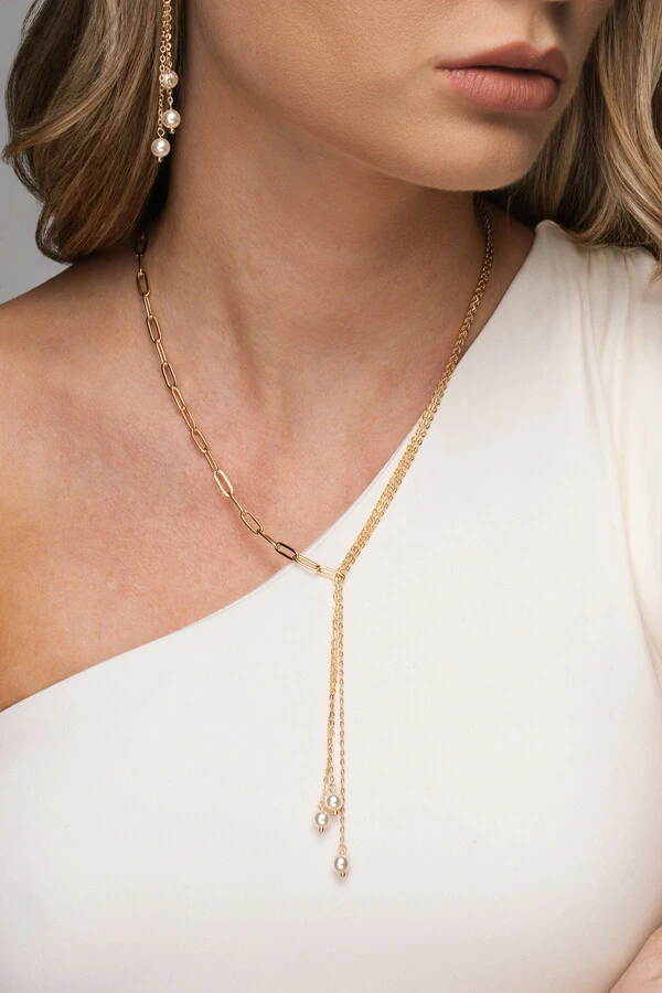 Colar Dourado Elo com Perolas