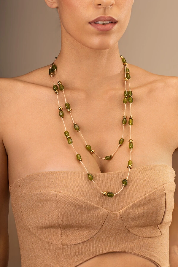 Colar Linha Jade Verde Hematita Banho Ouro 18K