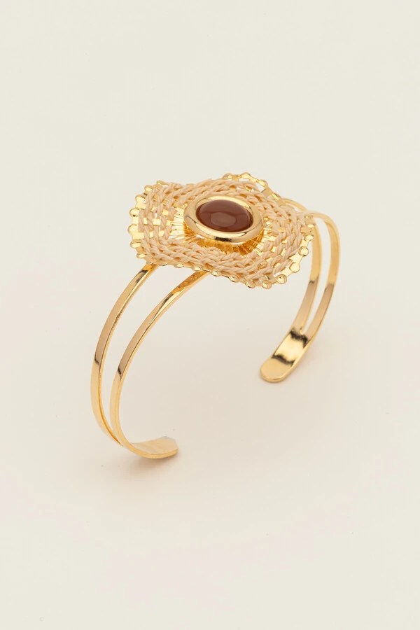 Pulseira Dourada Círculo Palha Resina Marrom