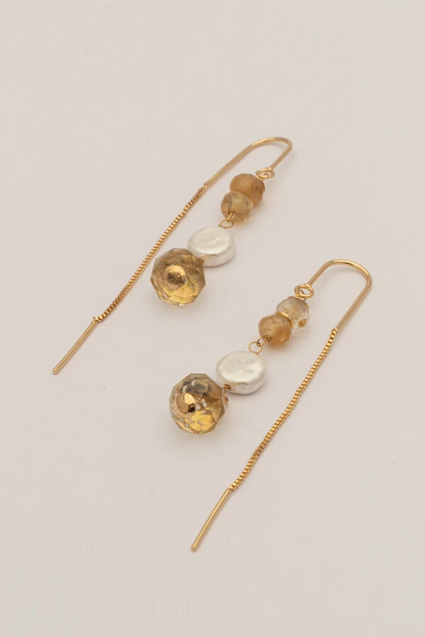 Brinco Anzol Cristal Rutilo Banho Ouro 18K