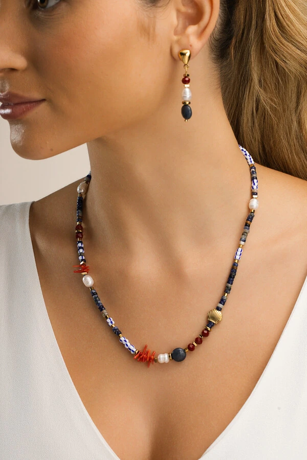 Colar Sodalita Pérola Natural Banho Ouro 18K