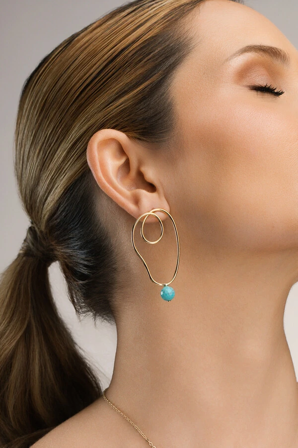 Brinco Dourado Orgânico Bola Turquesa