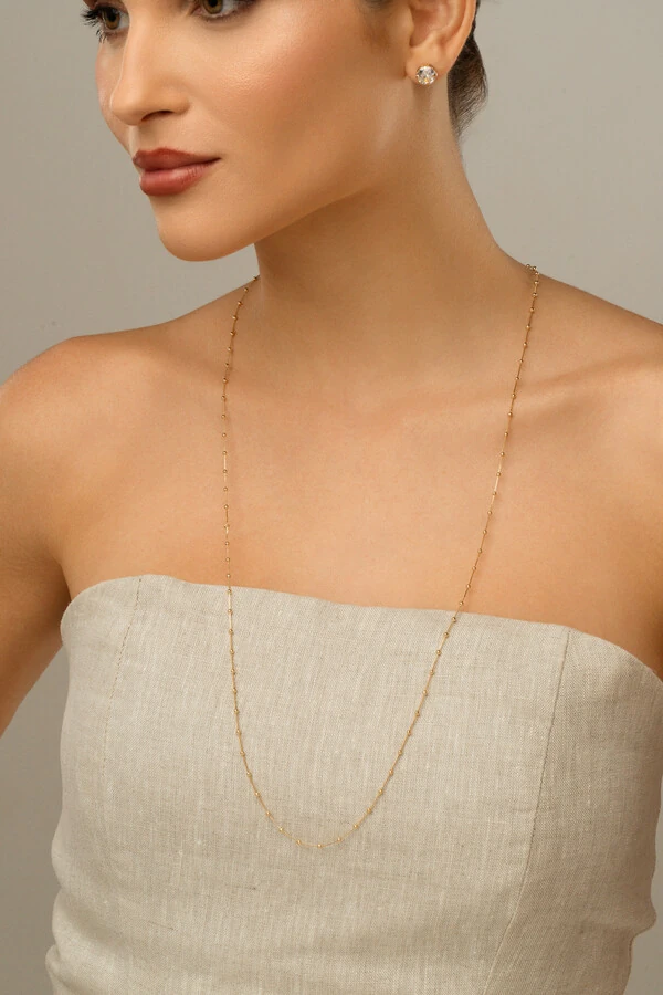 Colar Longo Corrente Bolinhas Banho Ouro 18K
