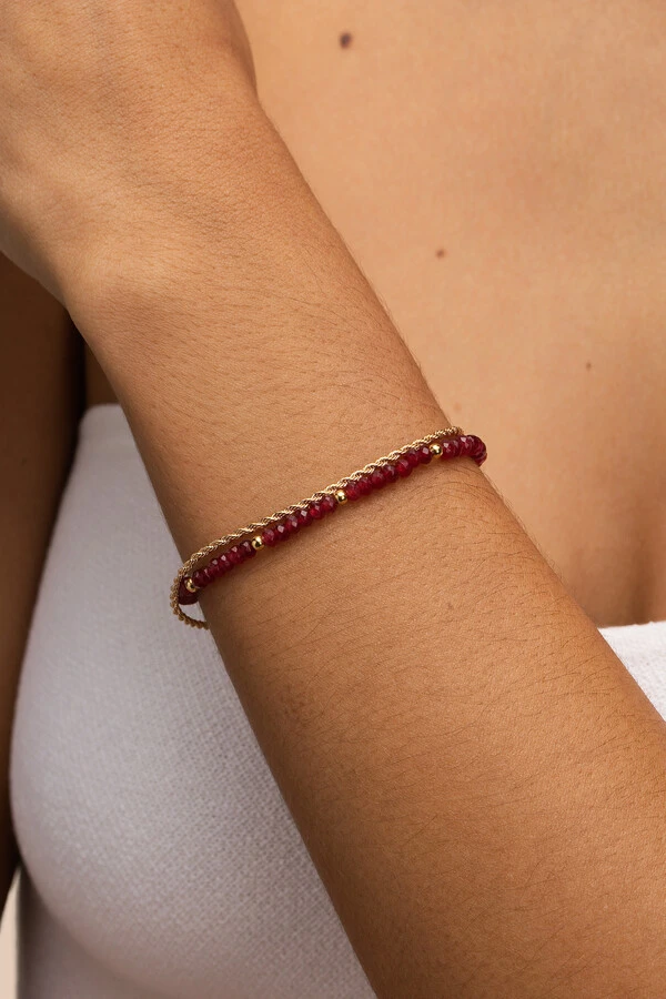Pulseira Dupla Fiore Jade Fúcsia Banho Ouro 18K