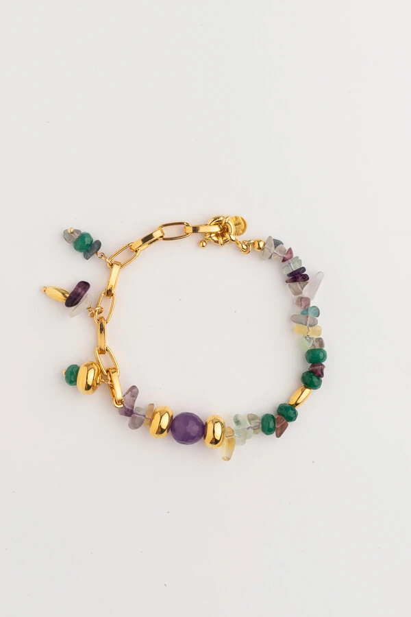 Pulseira Fluorita e Jade Banho ouro 18k