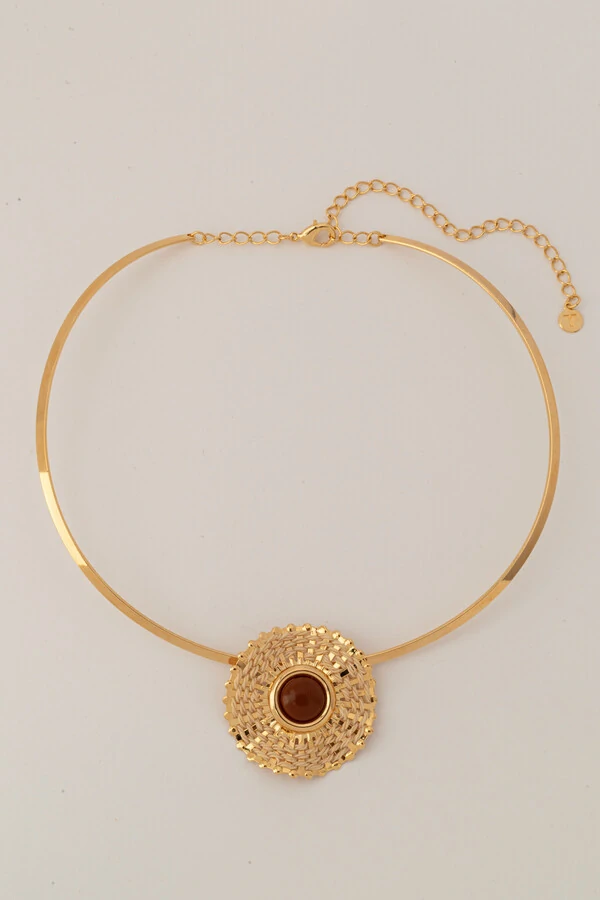 Colar Aro Círculo Palha Resina Marrom