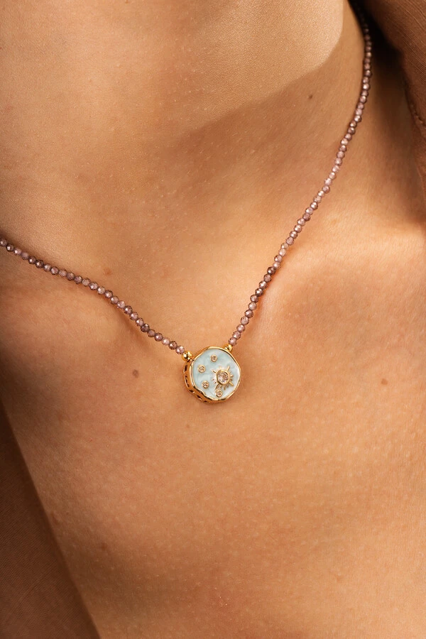 Colar Luna Mini Zircônia Lilás Banho Ouro 18K