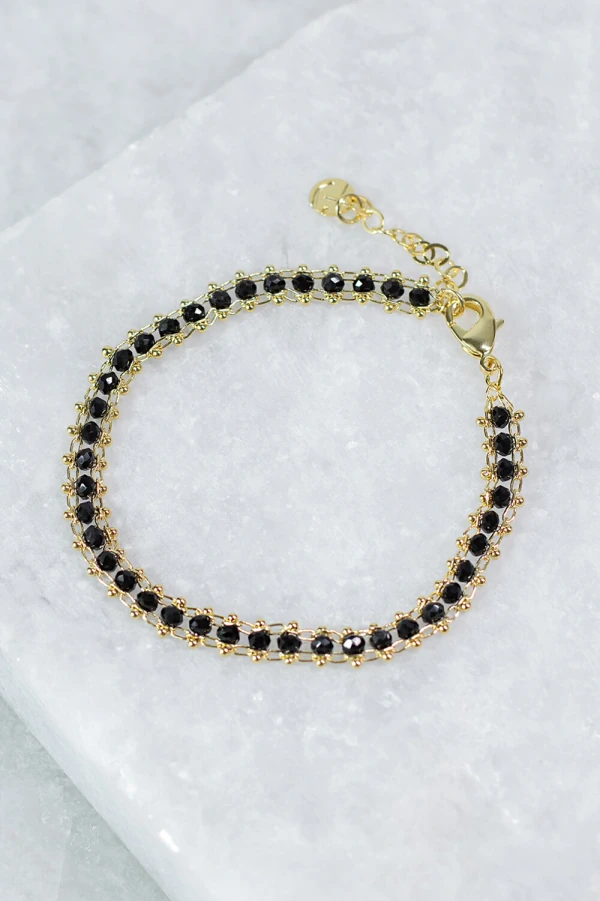 Pulseira Pamplona Cristais Preto Banho Ouro 18 K
