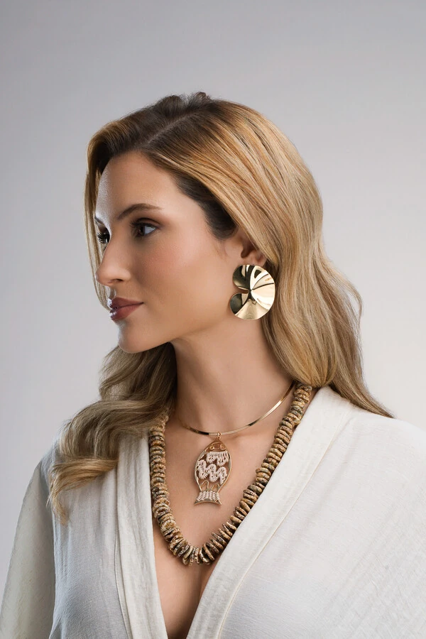 Colar Boho Disco Jasper Banho Ouro 18K