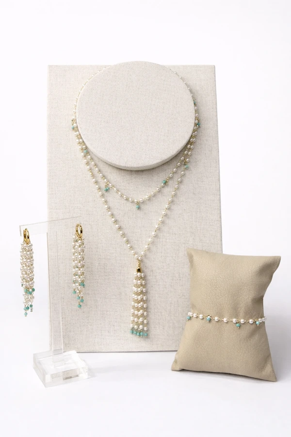 Colar Dourado Choker Pérolas e Turquesa