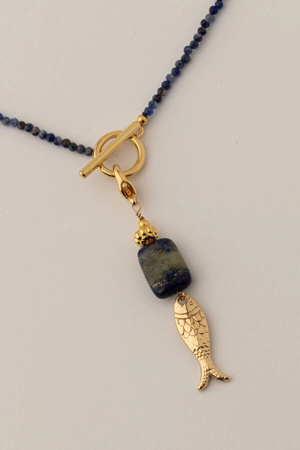 Colar Longo Peixe Lápis Lazuli Banho Ouro 18K