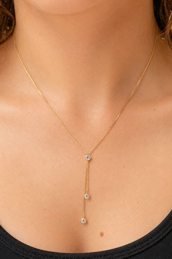 Colar Gravata Zircônias Banho Ouro 18K
