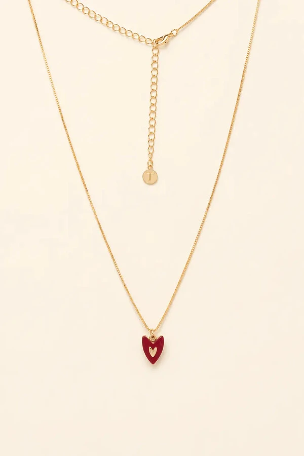 Colar Coração Resina Vermelho Banho Ouro 18K