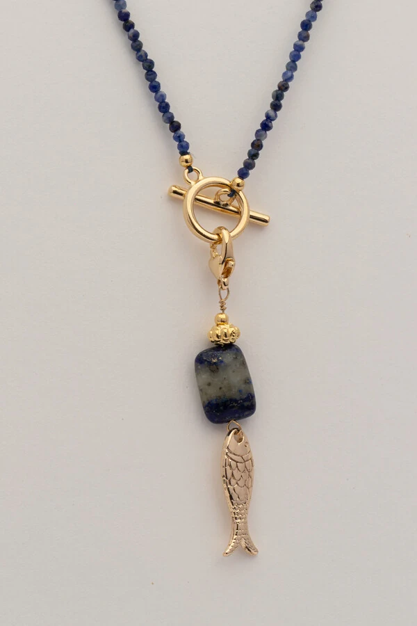 Colar Longo Peixe Lápis Lazuli Banho Ouro 18K