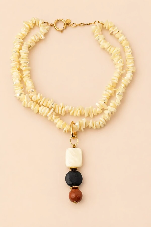 Colar Cascalho Madre Jade Goldstone Banho Ouro 18K
