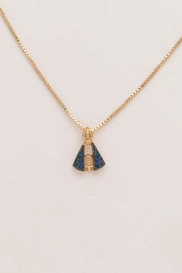 Colar Nossa Senhora PP Manto Azul Banho Ouro 18K