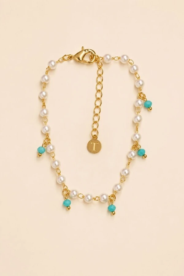Pulseira Dourada Pérolas e Turquesa