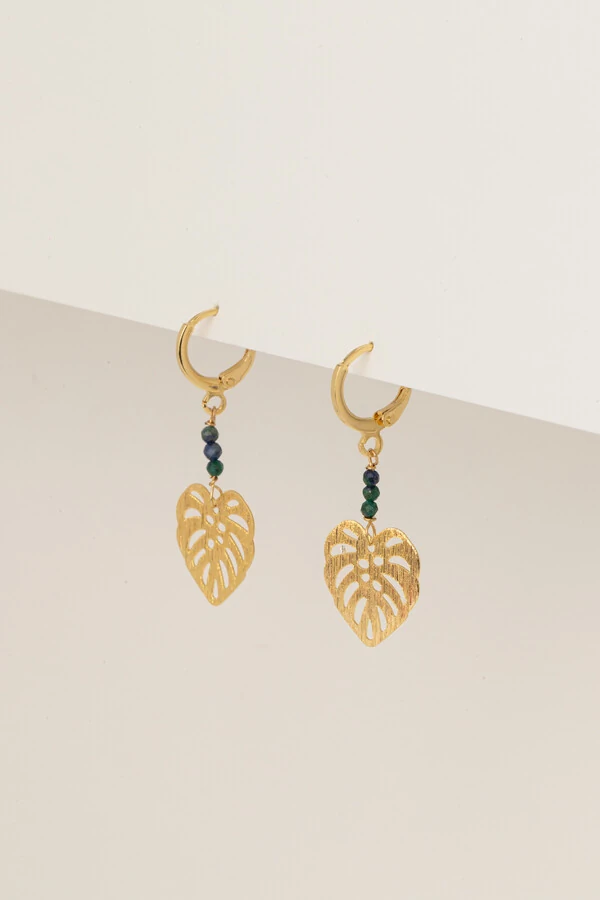 Brinco Folha Lisa Crisocola Banho Ouro 18K