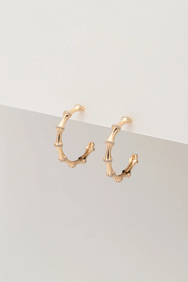 Brinco Argola Bambu Zircônia Banho Ouro 18k