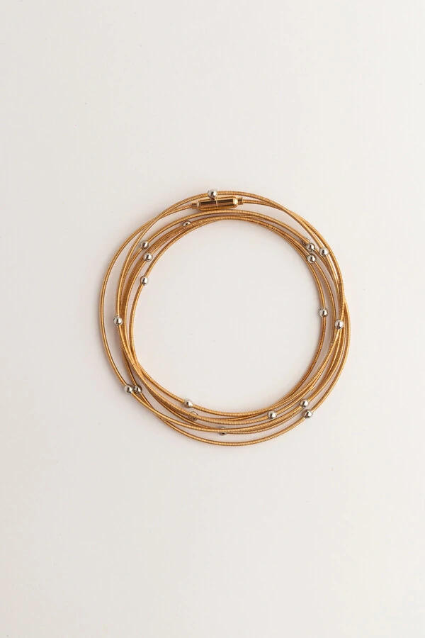 Pulseira Dourada Corda de Violão Bolinhas Prateadas