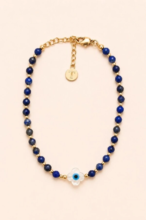 Pulseira Lápis Lazúli Trevo Madre Banho Ouro 18K