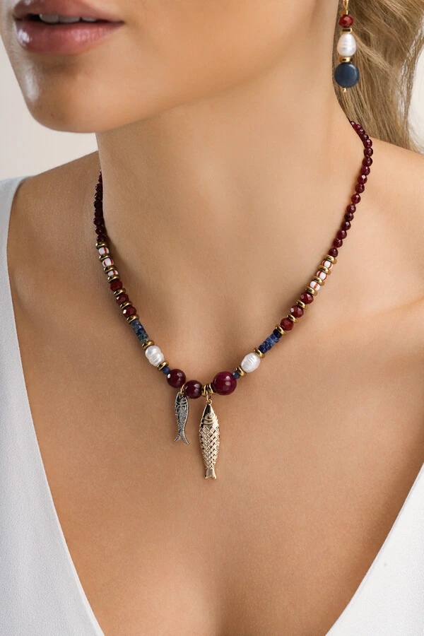 Colar Fish Jade Vermelho Banho Ouro 18K