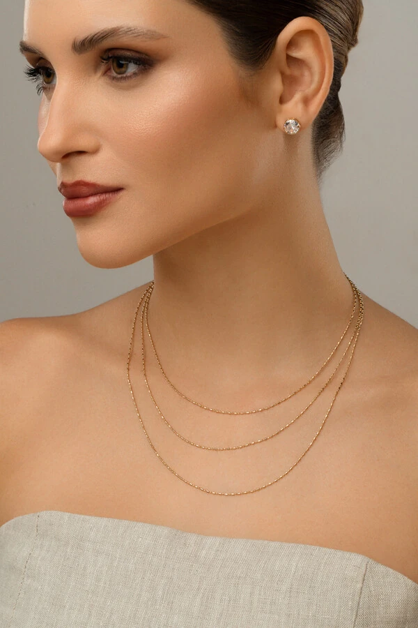 Colar Triplo Baguete Bolinhas Banho Ouro 18K
