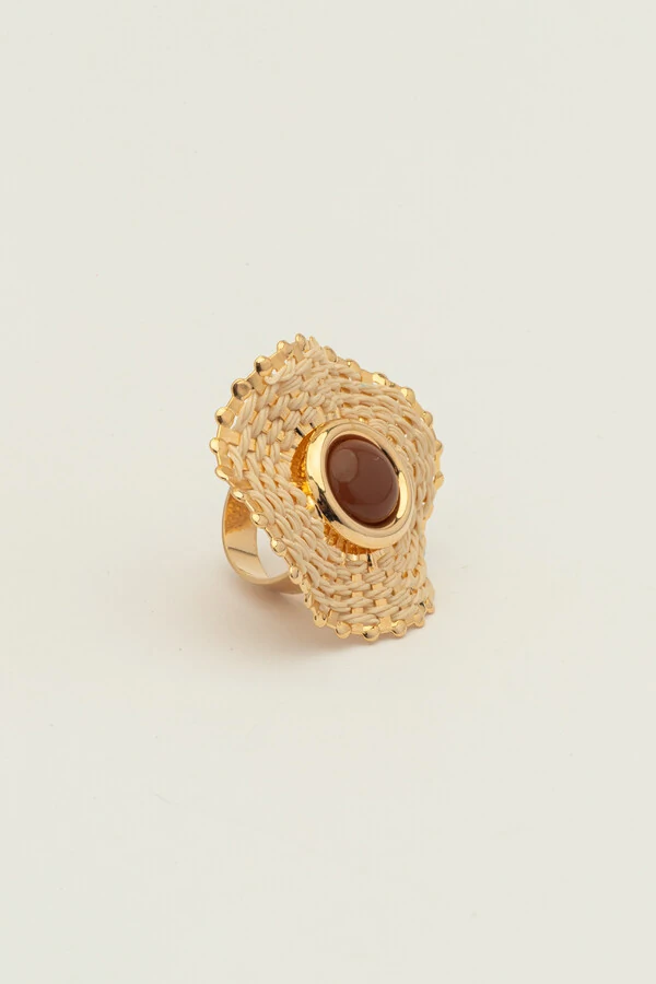 Anel Dourado Círculo Palha Resina Marrom