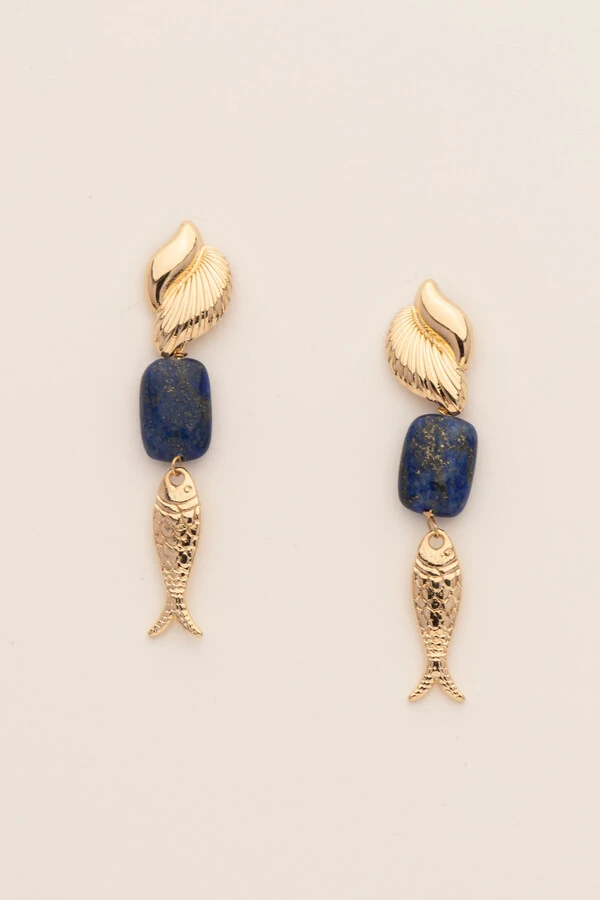 Brinco Peixe Lápis-Lazúli Banho Ouro 18K
