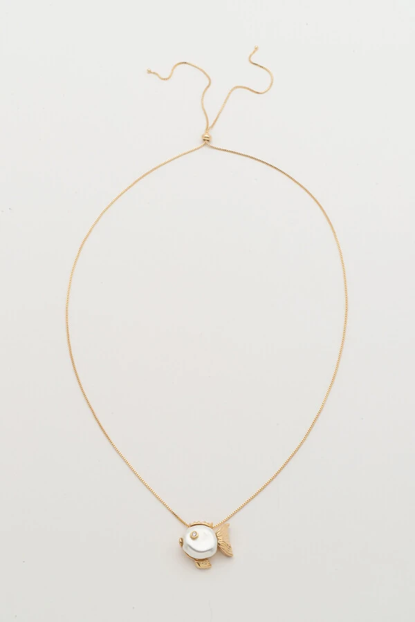 Colar Regulável Peixe Pérola Natural Banho Ouro 18K