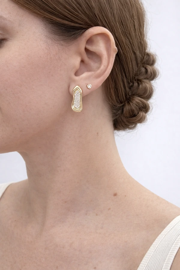 Brinco Orgânico Placa Zircônia Banho Ouro 18K