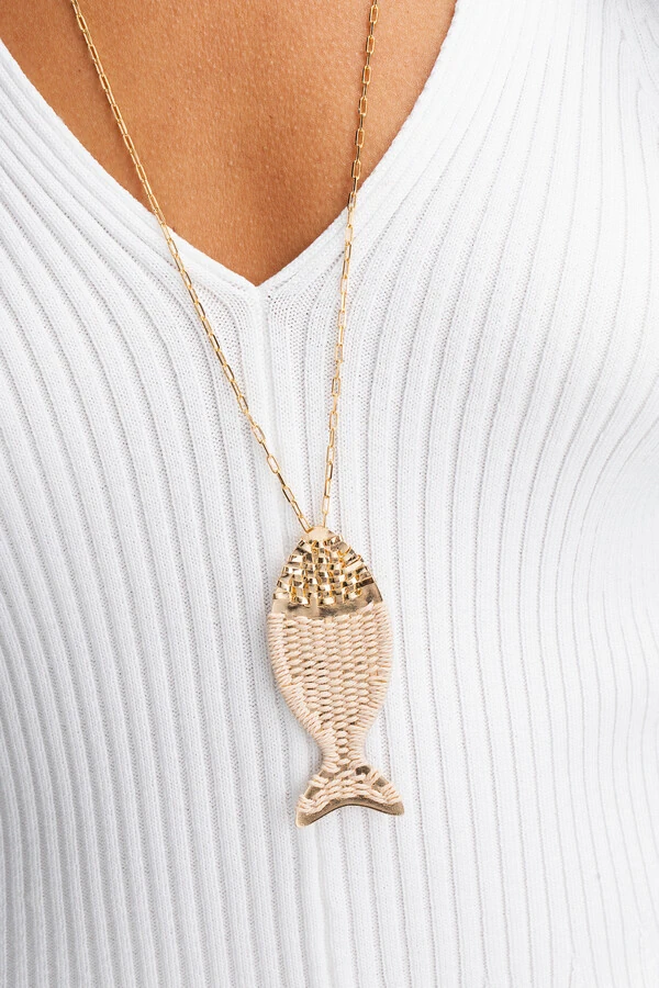 Colar Longo Dourado Peixe Palha