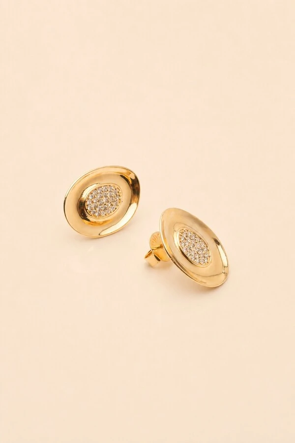 Brinco Oval Zircônia Banho Ouro 18k