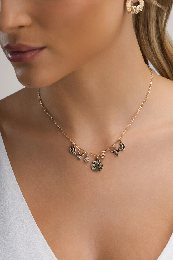 Colar Pingentes Medalhas Banho Ouro 18K