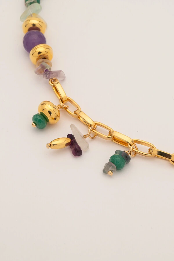 Pulseira Fluorita e Jade Banho ouro 18k