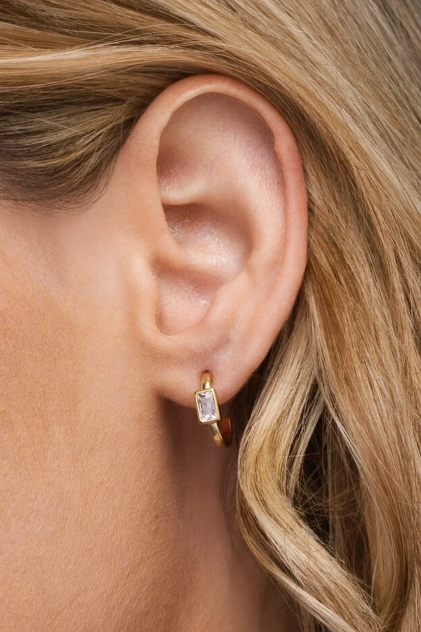 Brinco Argola Zircônias Retangular Banho Ouro 18k