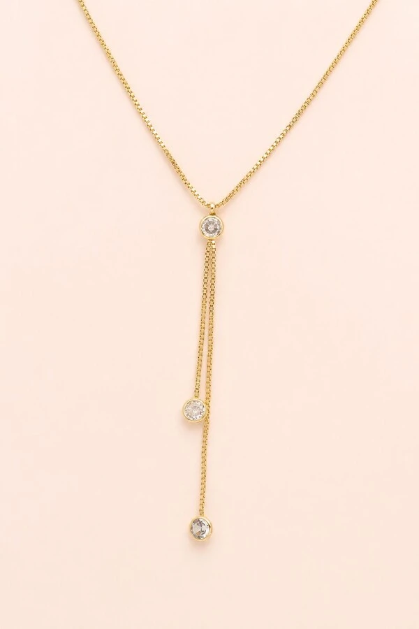 Colar Gravata Zircônias Banho Ouro 18K