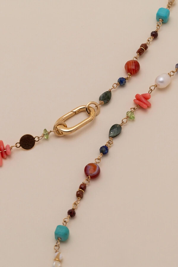 Colar Longo Olbia Mix Pedras Banho Ouro 18K