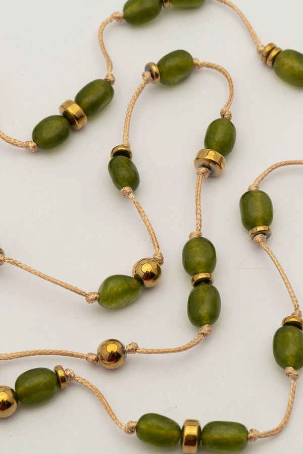 Colar Linha Jade Verde Hematita Banho Ouro 18K