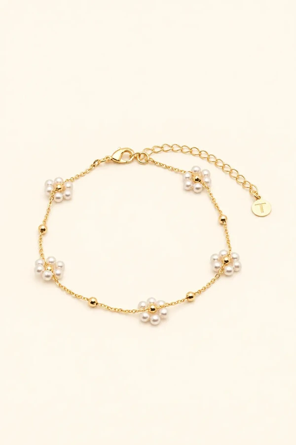 Pulseira Dourada Flores Pérolas