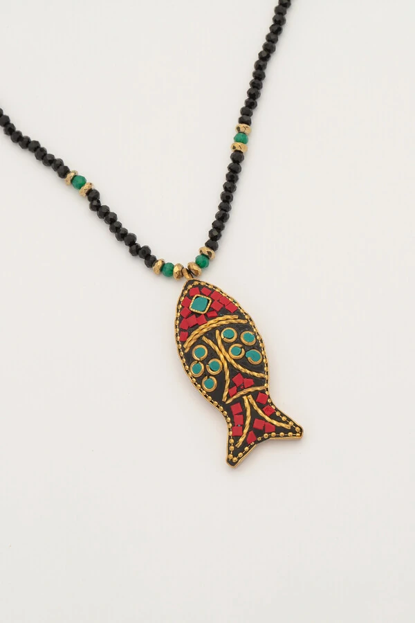Colar Longo Cristas Peixe Mosaico Ouro Vintage