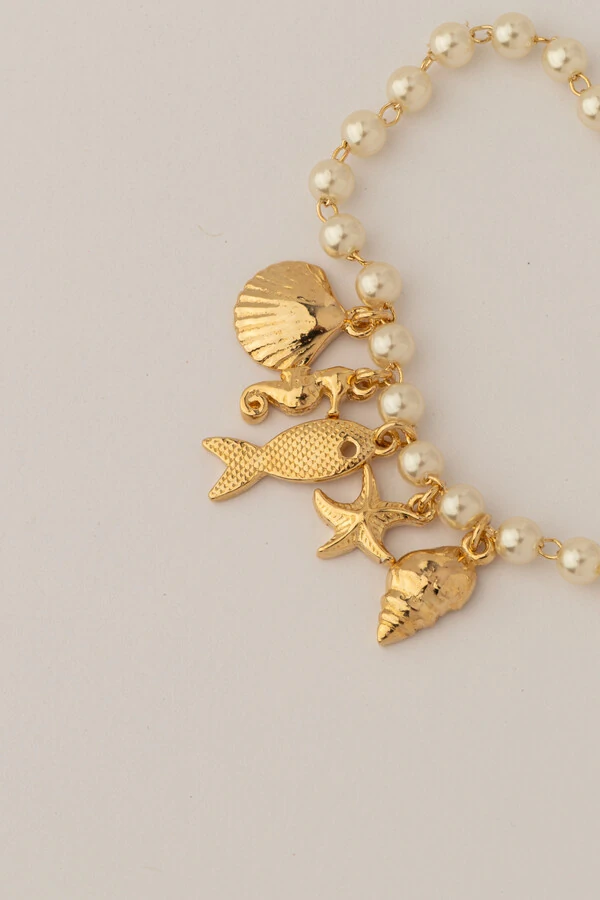 Pulseira Dourada Pérola Pingentes Mar