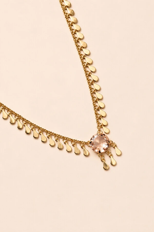 Colar Dourado Placa Gotas e Morganita