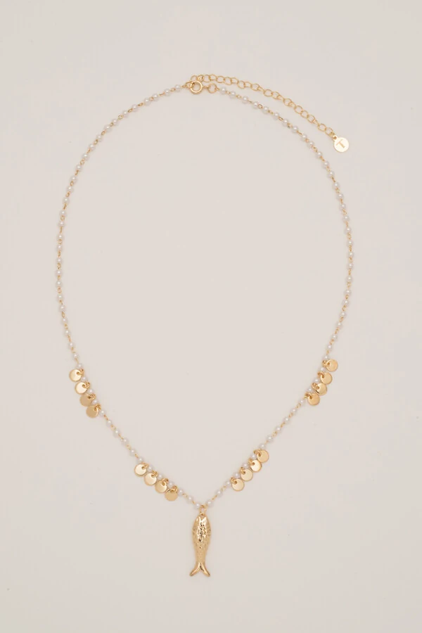 Colar Peixe Dourado Pérolas Plaquinhas