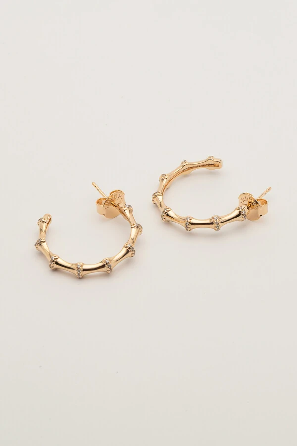 Brinco Argola Bambu Zircônia Banho Ouro 18k