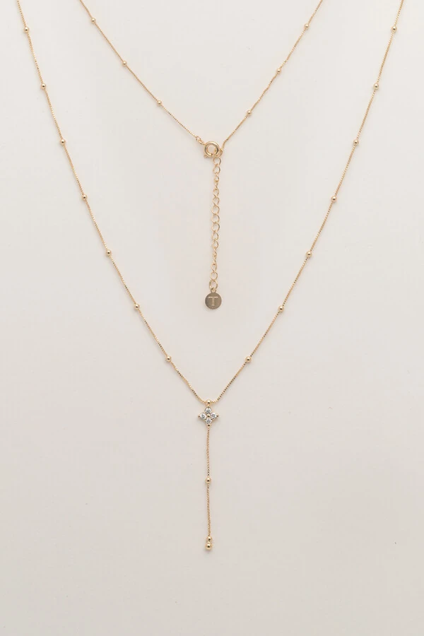 Colar Gravata Trevo Zircônia Banho Ouro 18K