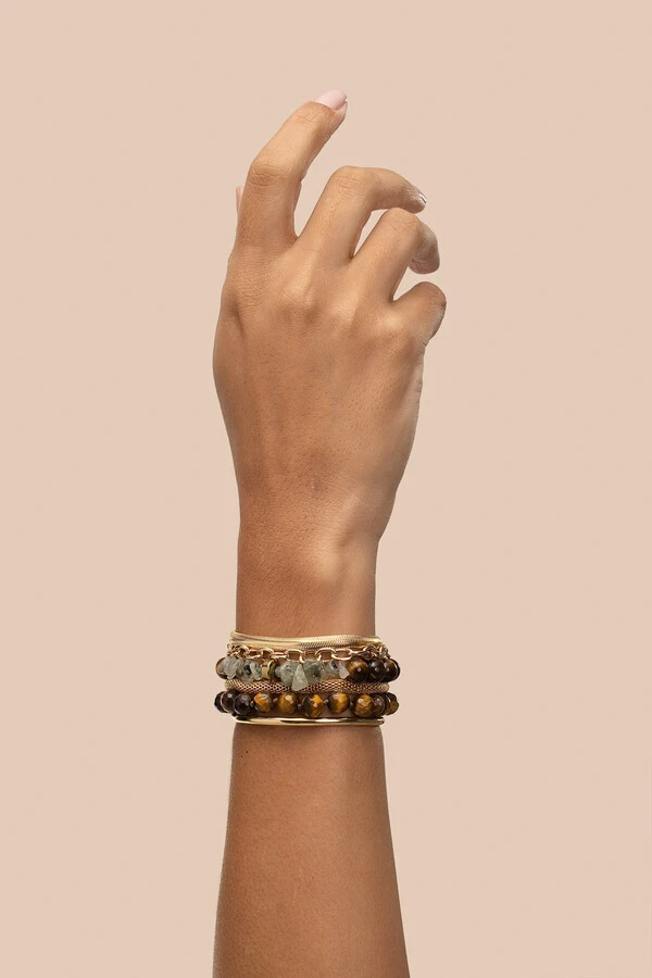 Pulseira Vereda Olho de Tigre Cascalho Rutilado Banho Ouro 18K
