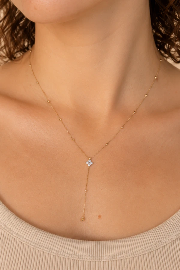 Colar Gravata Trevo Zircônia Banho Ouro 18K