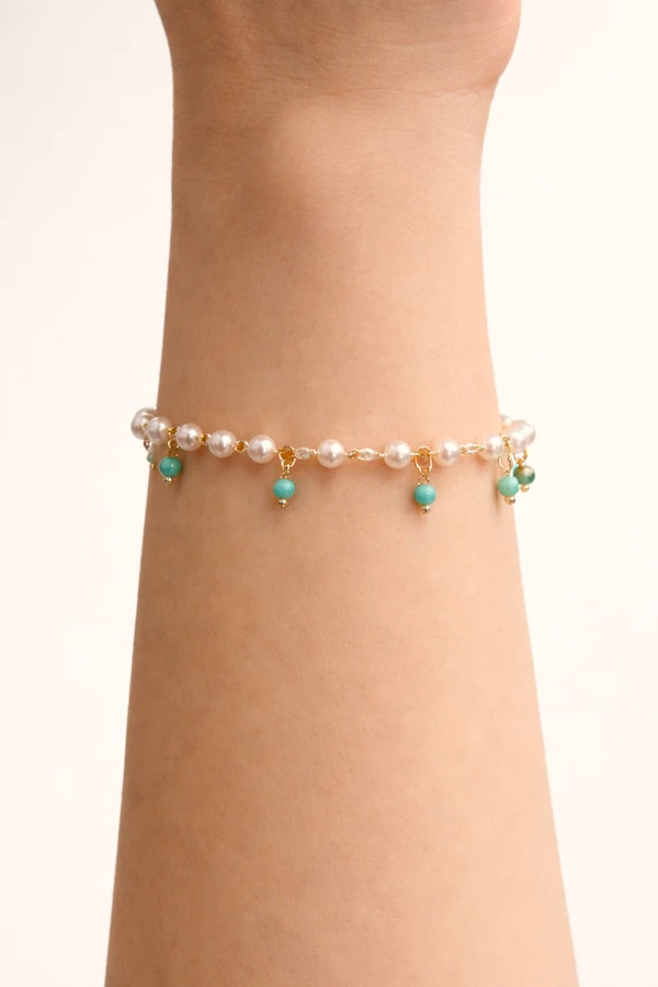 Pulseira Dourada Pérolas e Turquesa